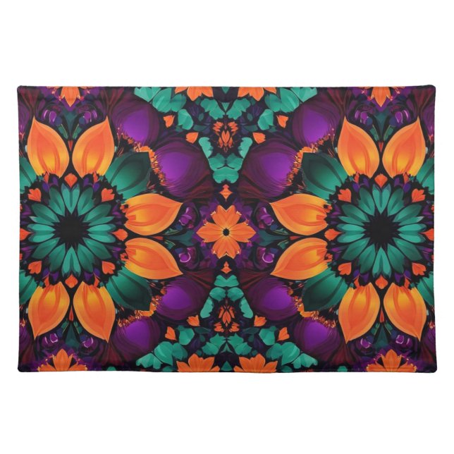 Teal and Orange Flower Cloth Placemat (Front)
