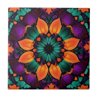 Teal and Orange flower with purple Ceramic Tile