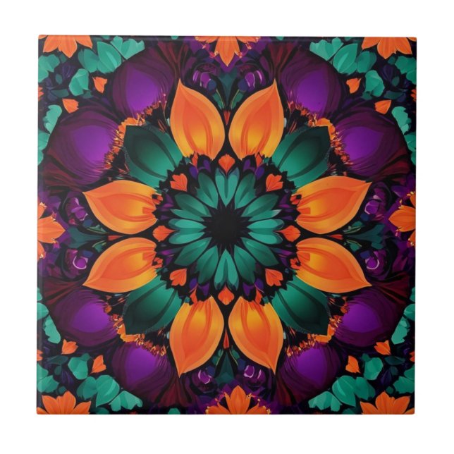 Teal and Orange flower with purple Ceramic Tile (Front)