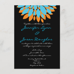 Teal and Orange Flowers Black Wedding Invitations
