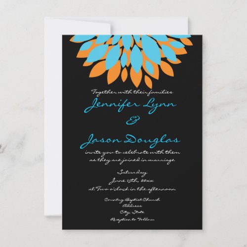 Teal and Orange Flowers Black Wedding Invitations