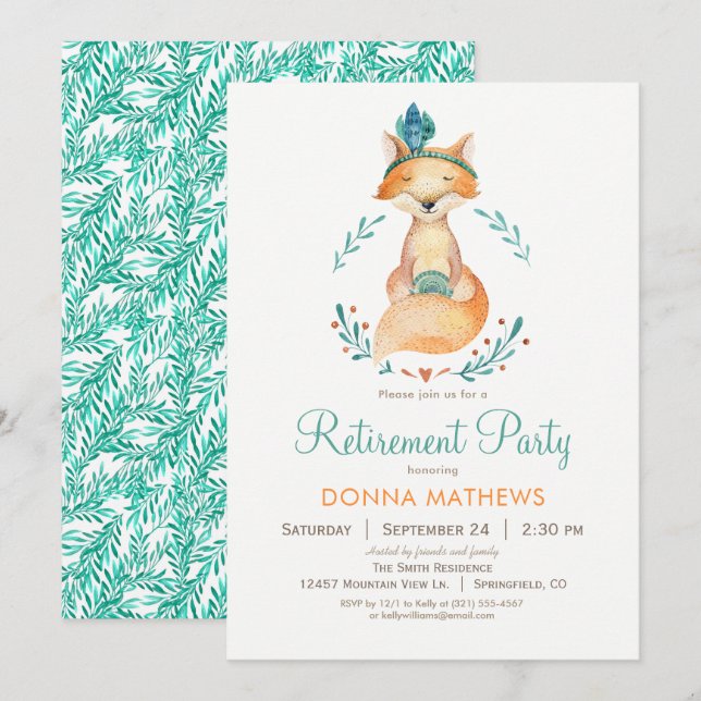 Teal and Orange Fox Retirement Party Invitation (Front/Back)