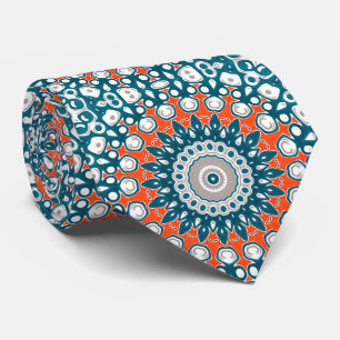 Teal and Orange Geometric Mandala Neck Tie