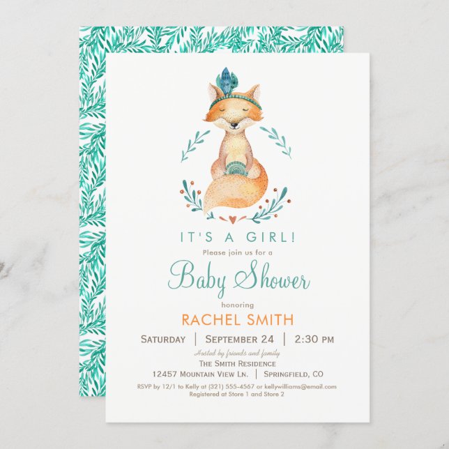 Teal and Orange Girl Fox Baby Shower Invitation (Front/Back)