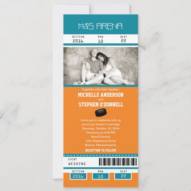 Teal and Orange Hockey Ticket Wedding Invitation (Front)