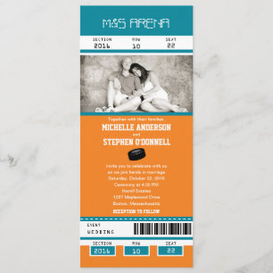 Teal and Orange Hockey Ticket Wedding Invitation