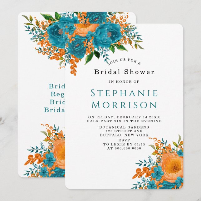 Teal and Orange Painted Floral Bridal Shower Invitation (Front/Back)