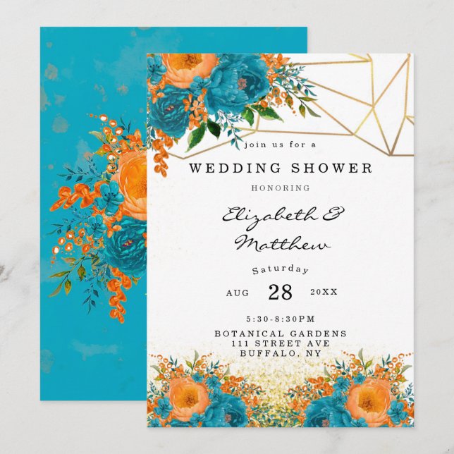 Teal and Orange Painted Floral Wedding Shower Invitation (Front/Back)