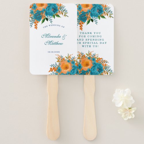 Teal and Orange Painted Floral Wedding Thank You Hand Fan