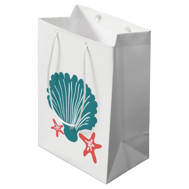 Teal and Orange Sea Shell and Star Fish Medium Gift Bag (Front Angled)