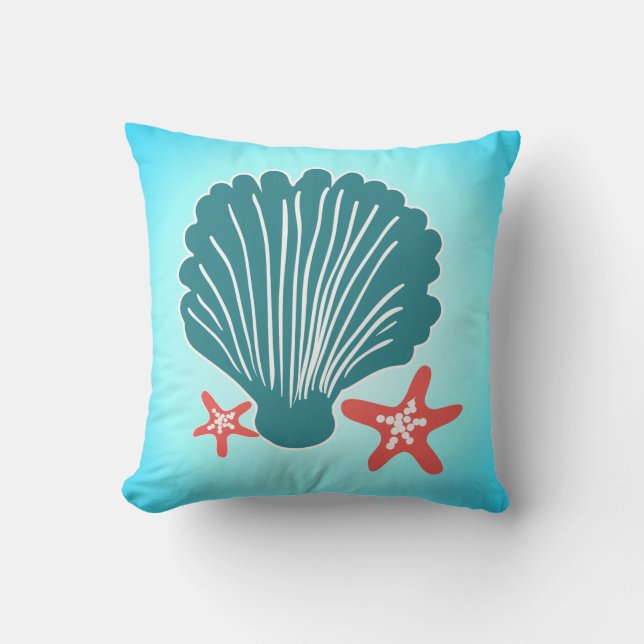 Teal and Orange Sea Shell and Star Fish Throw Pillow (Front)
