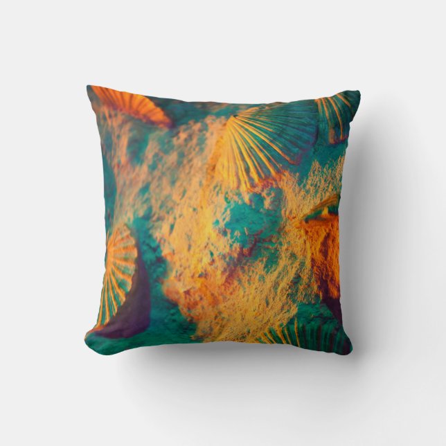 Teal and Orange Seashells and Sand Throw Pillow (Front)
