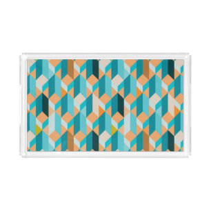 Teal And Orange Shapes Pattern Acrylic Tray