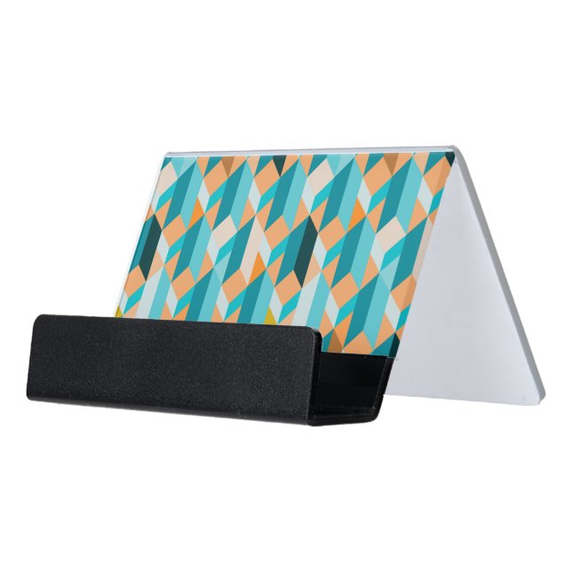 Teal And Orange Shapes Pattern Desk Business Card Holder (Angled Front)