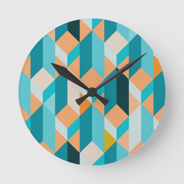 Teal And Orange Shapes Pattern Round Clock (Front)