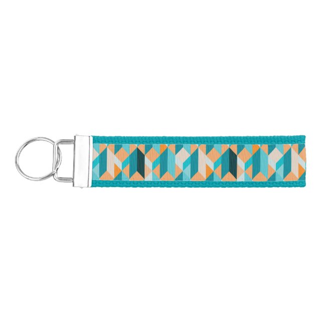 Teal And Orange Shapes Pattern Wrist Keychain (Keys on Left)