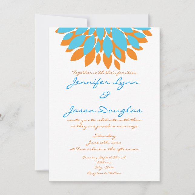 Teal and Orange Simple Flowers Wedding Invitations (Front)