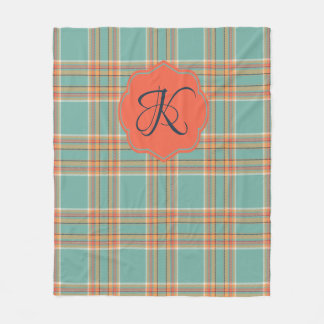 Teal and Orange Tartan Plaid Monogram Blanket