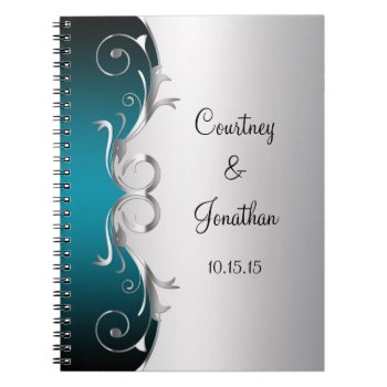 Teal And Ornate Silver Swirls Wedding Guest Book by dmboyce at Zazzle