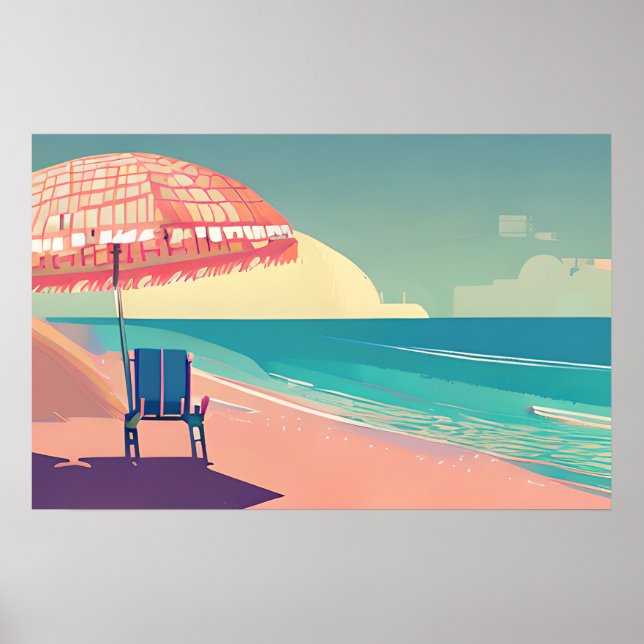 Teal and Peach Beach, Blue waterChair and Umbrella Poster (Front)