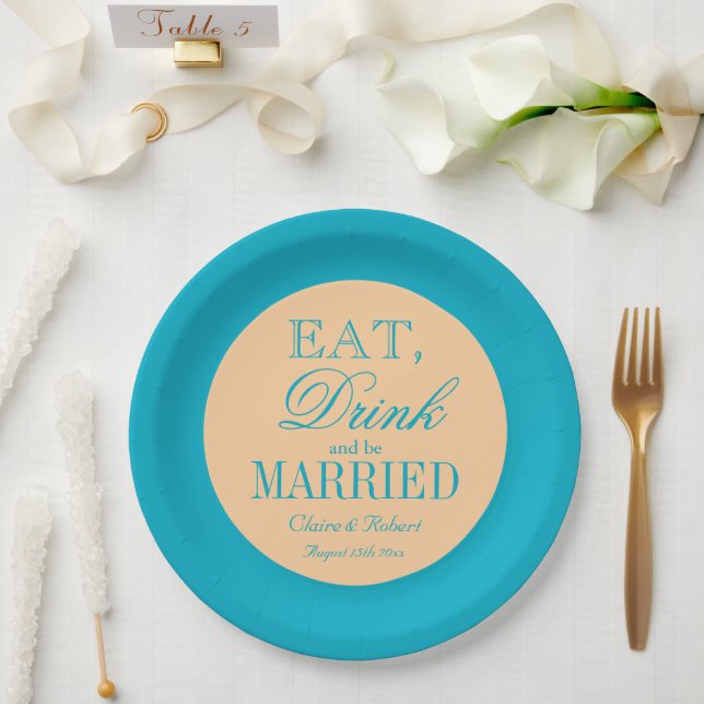 Teal and peach color trendy paper wedding plates (Wedding)