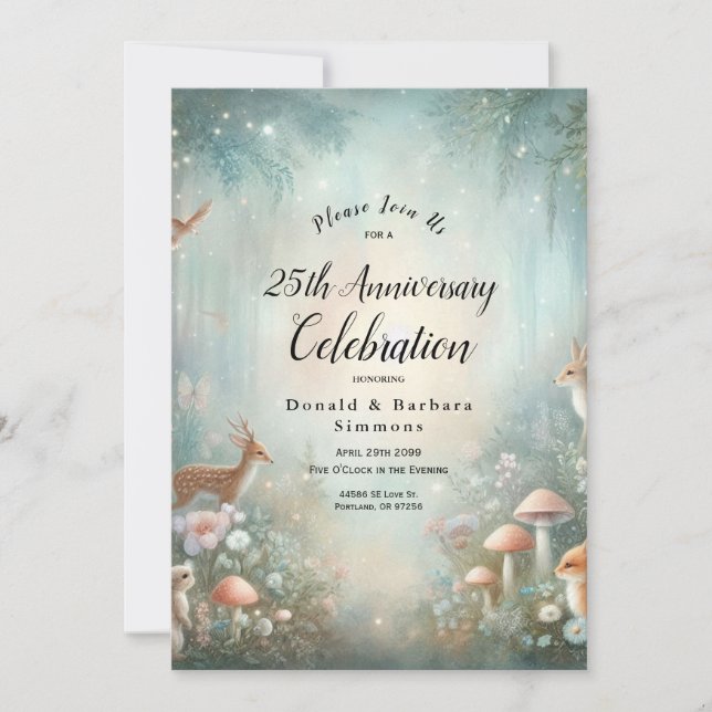 Teal and Peach Enchanted Forest Anniversary Party Invitation (Front)