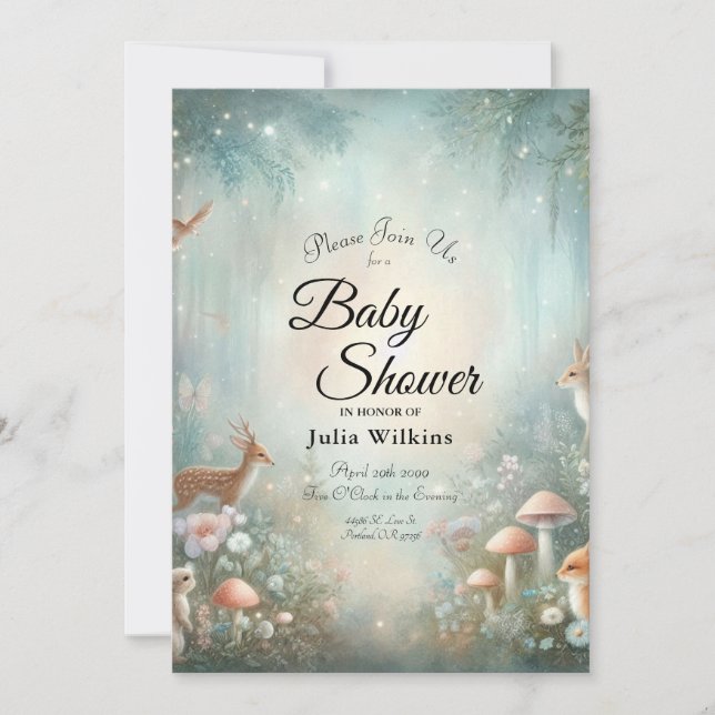 Teal and Peach Enchanted Forest Baby Shower Invitation (Front)