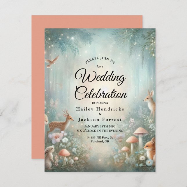 Teal and Peach Enchanted Forest Wedding Invitation (Front/Back)
