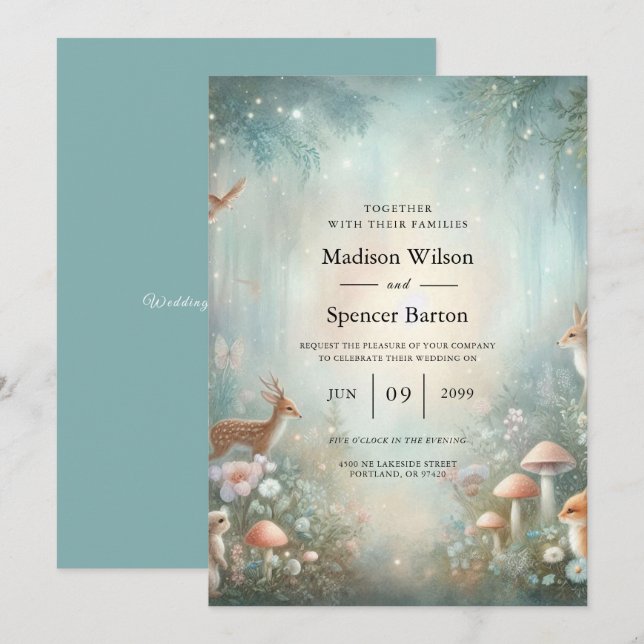 Teal and Peach Enchanted Forest Wedding Invitation (Front/Back)