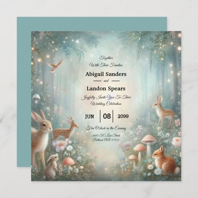 Teal and Peach Enchanted Forest Wedding Invitation (Front/Back)