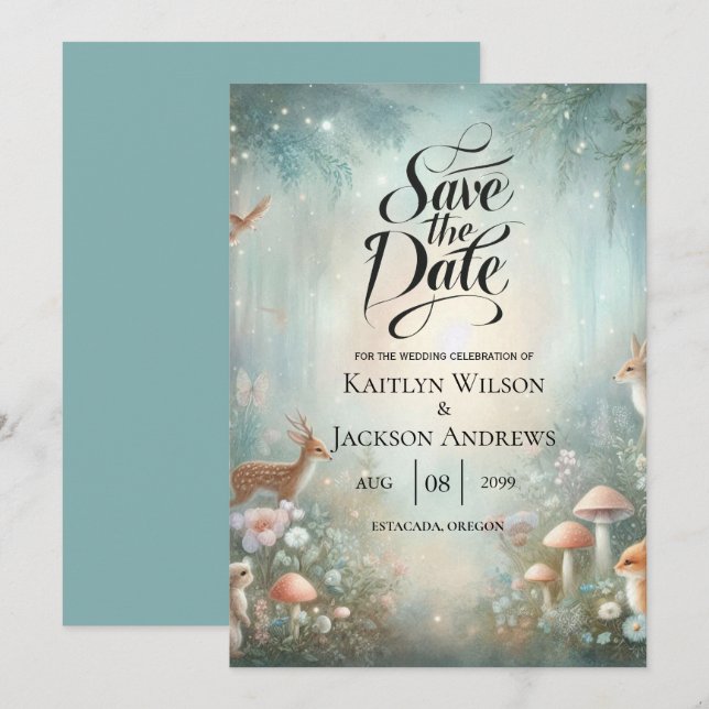 Teal and Peach Enchanted Forest Wedding Save The Date (Front/Back)