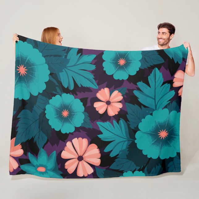 Teal and Peach Floral Pattern on Purple Background Fleece Blanket (In Situ)