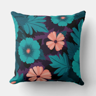 Teal and Peach Floral Pattern on Purple Background Throw Pillow