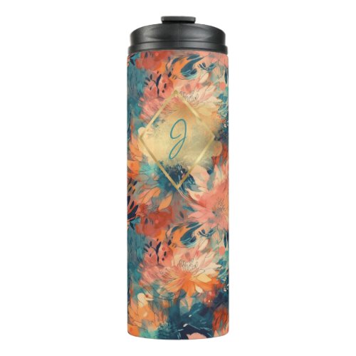 Teal and Peach Flower Splash Personalized  Thermal Tumbler