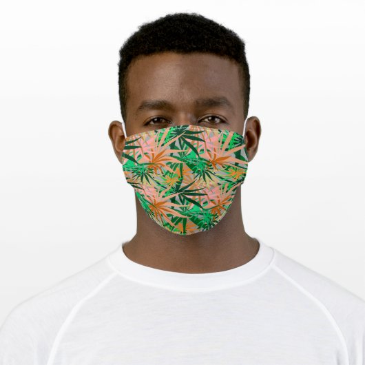 Teal and Peach Palm Trees Tropical Plants Adult Cloth Face Mask (Worn)