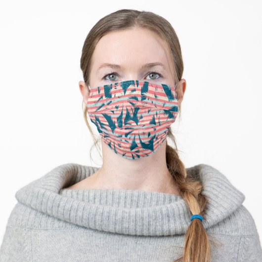 Teal and Peach Stripes and Palm Trees Tropical Adult Cloth Face Mask (Worn)