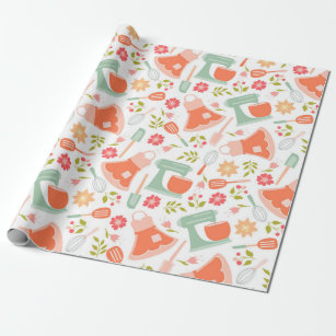 Teal and Peach Vintage Kitchen Pattern Wrapping Paper