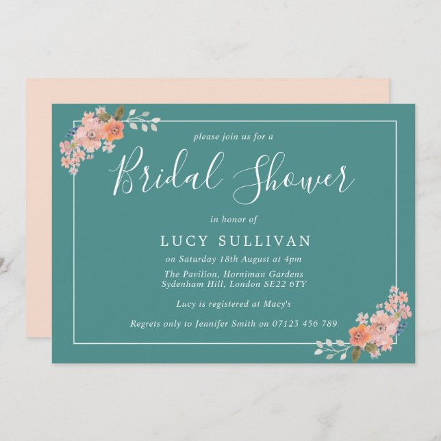 Teal and Peach Watercolor Floral Bridal Shower Invitation (Front/Back)