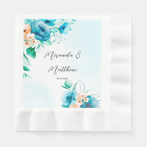 Teal and Peach Watercolor Floral Wedding Napkins