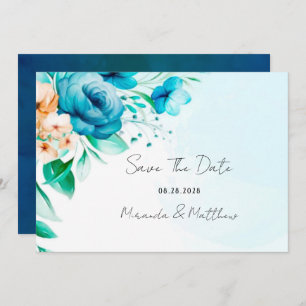 Teal and Peach Watercolor Florals Save The Date Invitation