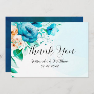 Teal and Peach Watercolor Florals Thank You Cards