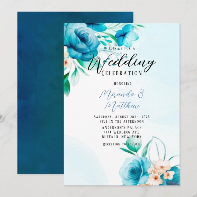 Teal and Peach Watercolor Florals Wedding Invitation (Front/Back)