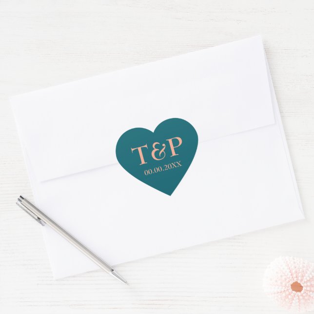 Teal and peach wedding heart seal favor stickers (Envelope)