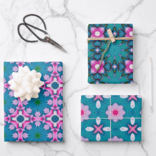 Teal and pink abstract star pattern wrapping paper sheets