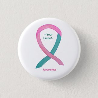 Teal and Pink Awareness Ribbon Pin Buttons