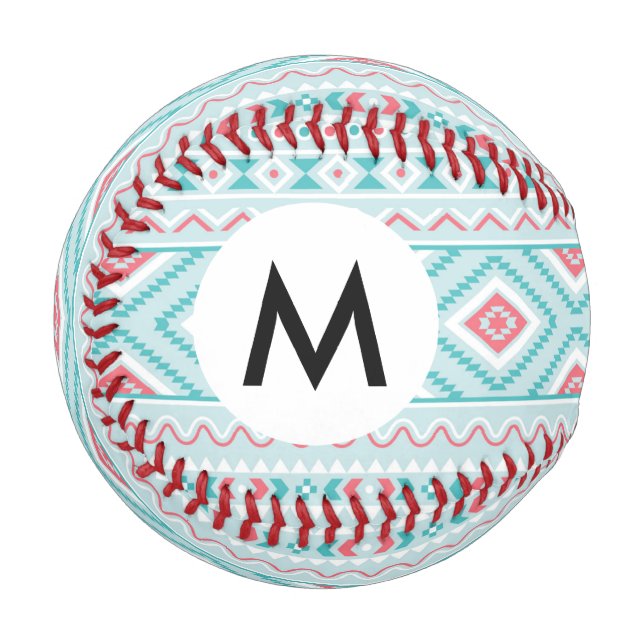 Teal and Pink Aztec Tribal Pattern Baseball (Front Left)