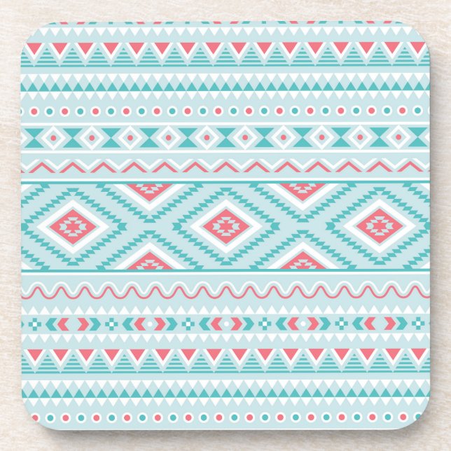 Teal and Pink Aztec Tribal Pattern Drink Coaster (Front)