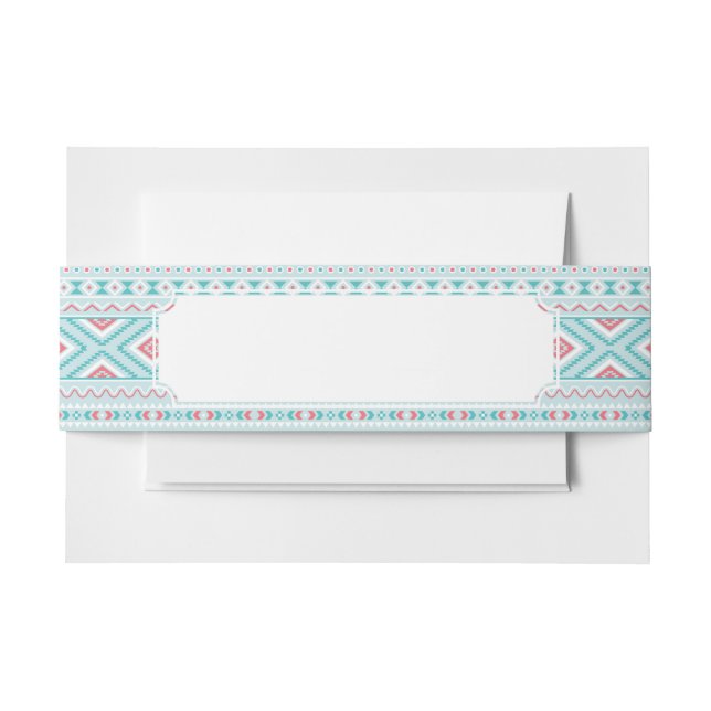 Teal and Pink Aztec Tribal Pattern Invitation Belly Band (Front Example)