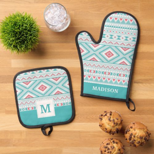 Teal and Pink Aztec Tribal Pattern Oven Mitt  Pot Holder Set