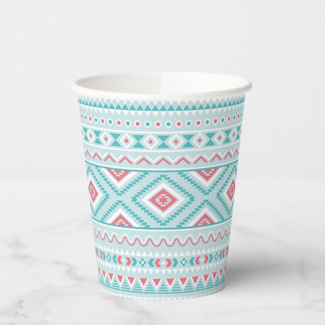 Teal and Pink Aztec Tribal Pattern Paper Cups (Left)
